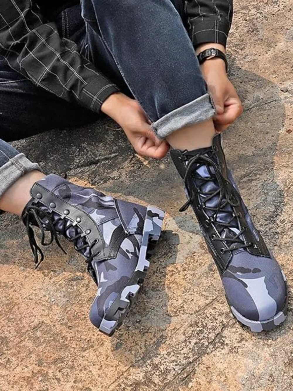 Men's Waterproof Tactical Military Camo Boots Blue